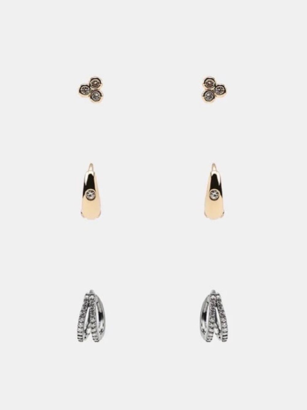 Zara Three Pack Sparkly Hoop Huggies Earrings Silver Gold Rhinestones NWT